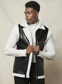 Manfinity VCAY Loose Fit Men's Contrast Trim Teddy Lined Faux Leather Vest Coat, For Fall Winter - Multicolor - View 3