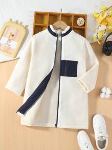 Young Boy Zip Up Contrast Binding Patched Pocket Teddy Coat - White - View 1