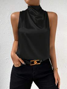 Solid Asymmetrical Shoulder Mock Neck Blouse - Black - View 6
