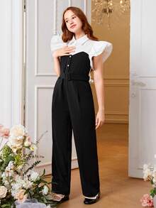 SHEIN Teen Girl Two Tone Ruffle Trim Belted Shirt Jumpsuit - Black and White - View 4
