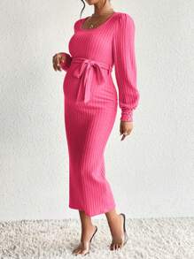 SHEIN Maternity Scoop Neck Lantern Sleeve Belted Dress - Hot Pink - View 1