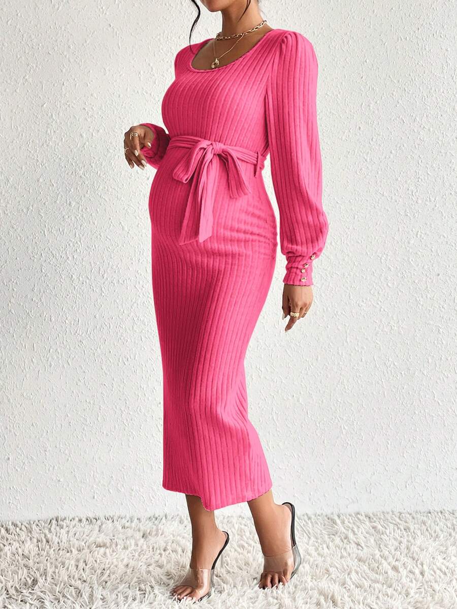 SHEIN Maternity Scoop Neck Lantern Sleeve Belted Dress - Hot Pink - View 1
