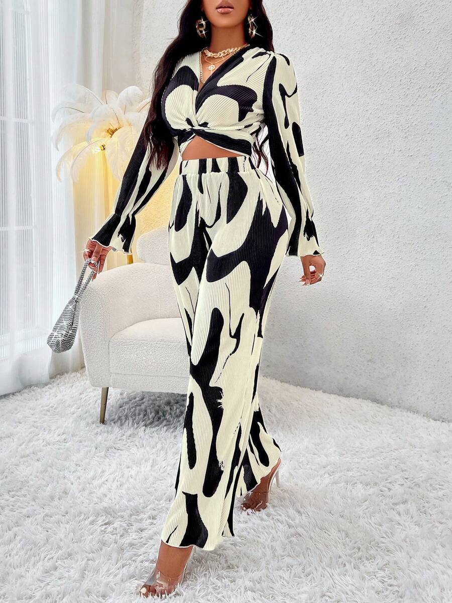 通體印花扭褶短款上衣和闊腿褲 - 黑與白 - 查看 1