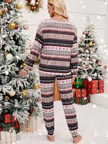 Chiquease Christmas Print Drop Shoulder Tee & Sweatpants - Multicolor - View 2