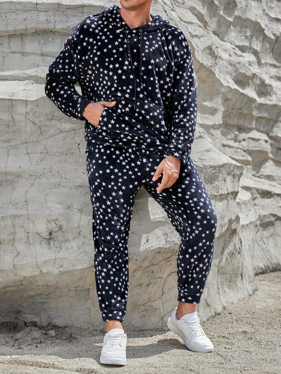 Manfinity VCAY Áo hoodie và quần nỉ có túi in hình ngôi sao dành cho nam, dành cho mùa thu đông - Đen và trắng - Xem 1