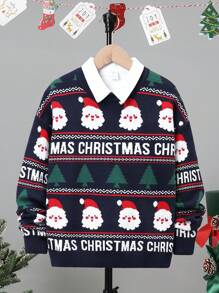 SHEIN Chicos 1 pieza Jersey con estampado de letra & Papá Noel de hombros caídos