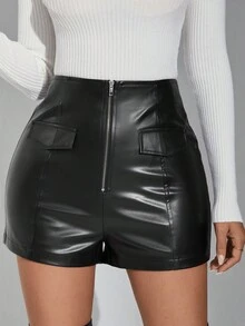 SHEIN Privé Zip Fly Flap Detail PU Leather Shorts - Black - View 5