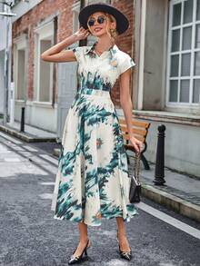 Aveloria Floral Print Batwing Sleeve Half Button Shirt Dress - Dark Green - View 5