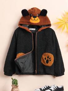 SHEIN Young Boy Cartoon Embroidery 3D Ear Design Hooded Teddy Jacket,In Fall/Winter - Brown - View 3
