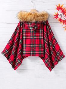 SHEIN Tween Girl Plaid Fuzzy Trim Hooded Poncho Overcoat - Red - View 2