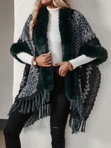SHEIN Unity Pattern Fuzzy Trim Fringe Hem Batwing Sleeve Duster Cardigan - Multicolor - View 5