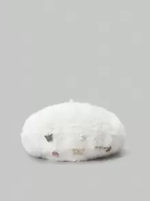 ROMWE Kawaii 1pc Women Rhinestone Flower & Butterfly Decor Beret - White - View 2