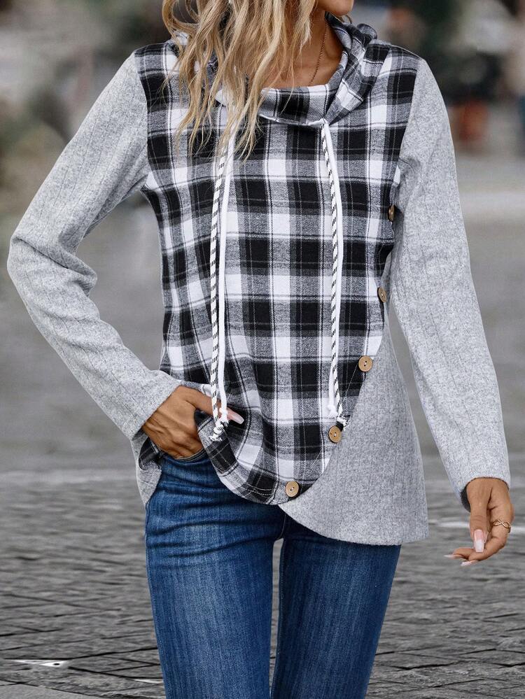 Plaid Print Drawstring Hooded Tee
