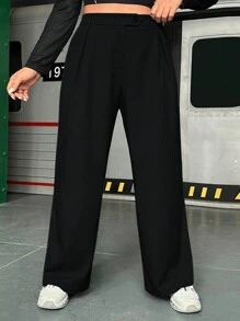 Flirla Hơn Chất rắn Túi nghiêng Quần ống rộng - màu đen - Xem 7