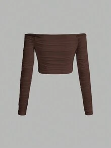 SHEIN MOD Off Shoulder Ruched Mesh Crop Top - Brown - View 2