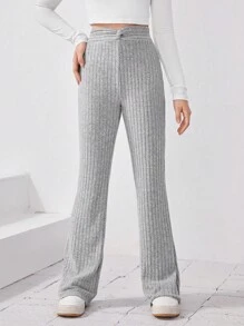 SHEIN 少女针织纯色羊毛皱褶腰部扭结喇叭裤 - 灰色 - 查看 1