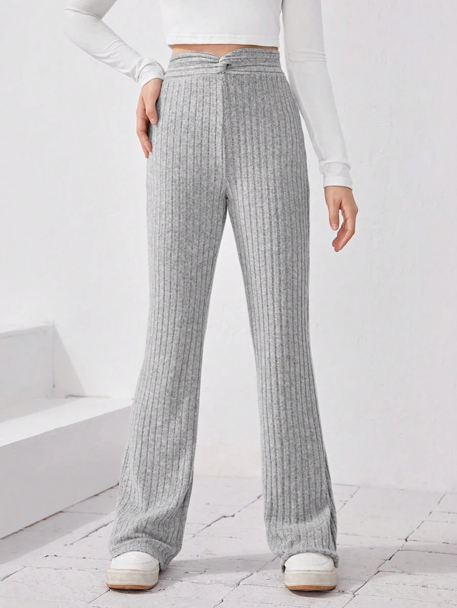SHEIN 少女针织纯色羊毛皱褶腰部扭结喇叭裤 - 灰色 - 查看 1
