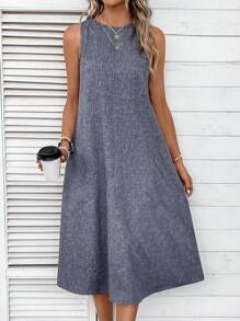 SHEIN LUNE Solid Slant Pocket Tank Dress - Blue - View 4