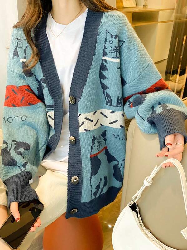Alicedudu Women's Casual Loose Drop Shoulder Lucky Cat Cardigan, Autumn/Winter