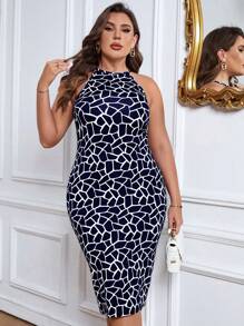 SHEIN Privé Hơn In Địa lý Halter Neck Váy bodycon - Màu xanh hải quân - Xem 3