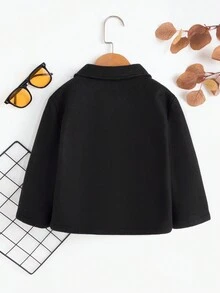 SHEIN 男小童字母貼布翻蓋口袋毛絨內襯花呢外套 - 黑色 - 查看 2