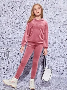 SHEIN Tween Girl Velvet Hooded Sweatshirt With Letter Embroidery And Sweatpants Sports Suit, 2pcs/Set - Baby Pink - View 3
