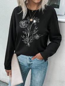 SHEIN LUNE Camiseta de hombros caídos con estampado floral - Negro - Ver 6