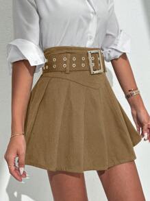 EURMUSE Solid Belted Pleated Skirt - Camel - View 6