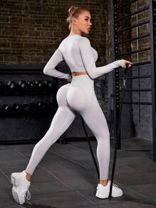Seamless Raglan Sleeve Sports Set Gym Clothes - Grey - View 1