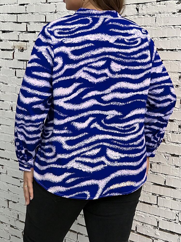 Plus Zebra Striped Tie Neck Blouse