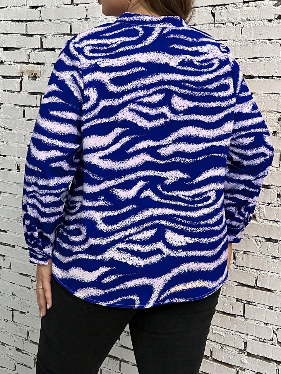 Plus Zebra Striped Tie Neck Blouse