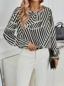 GENKIRA Bluse mit Streifen Muster, eingekerbtem Kragen, Laternenärmeln, - Verschiedenfarbig - Übersicht 5