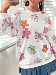 SHEIN EZwear Hơn In hoa Thả vai Áo nỉ - trắng - Xem 6