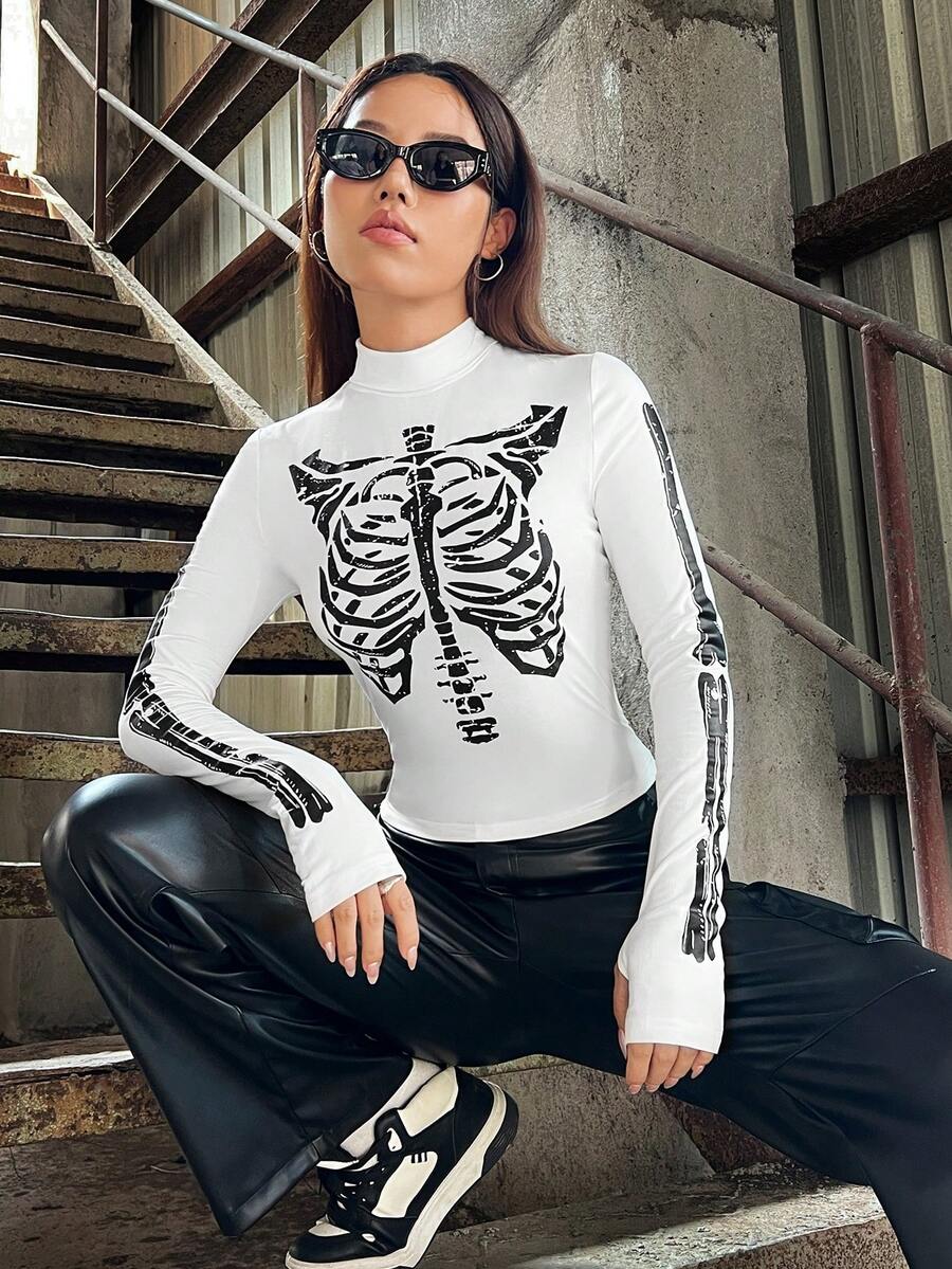 SHEIN EZwear In Bộ xương Cổ giả Áo thun - trắng - Xem 1