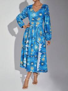 SHEIN Privé Allover Print Ruffle Trim Dress - Blue - View 5
