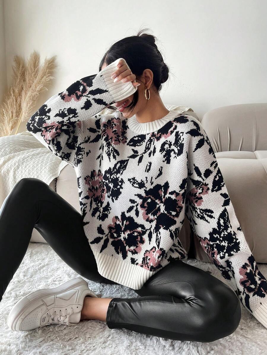 SHEIN Cottnline Floral Pattern Drop Shoulder Sweater - Multicolor - View 1