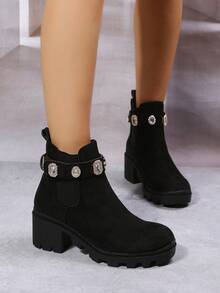 水晶裝飾女性彈力踝靴,時尚厚靴子 - 黑色 - 查看 2