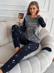 SHEIN Cottnline Space Dye Tee & Pants PJ Set - Multicolor - View 1