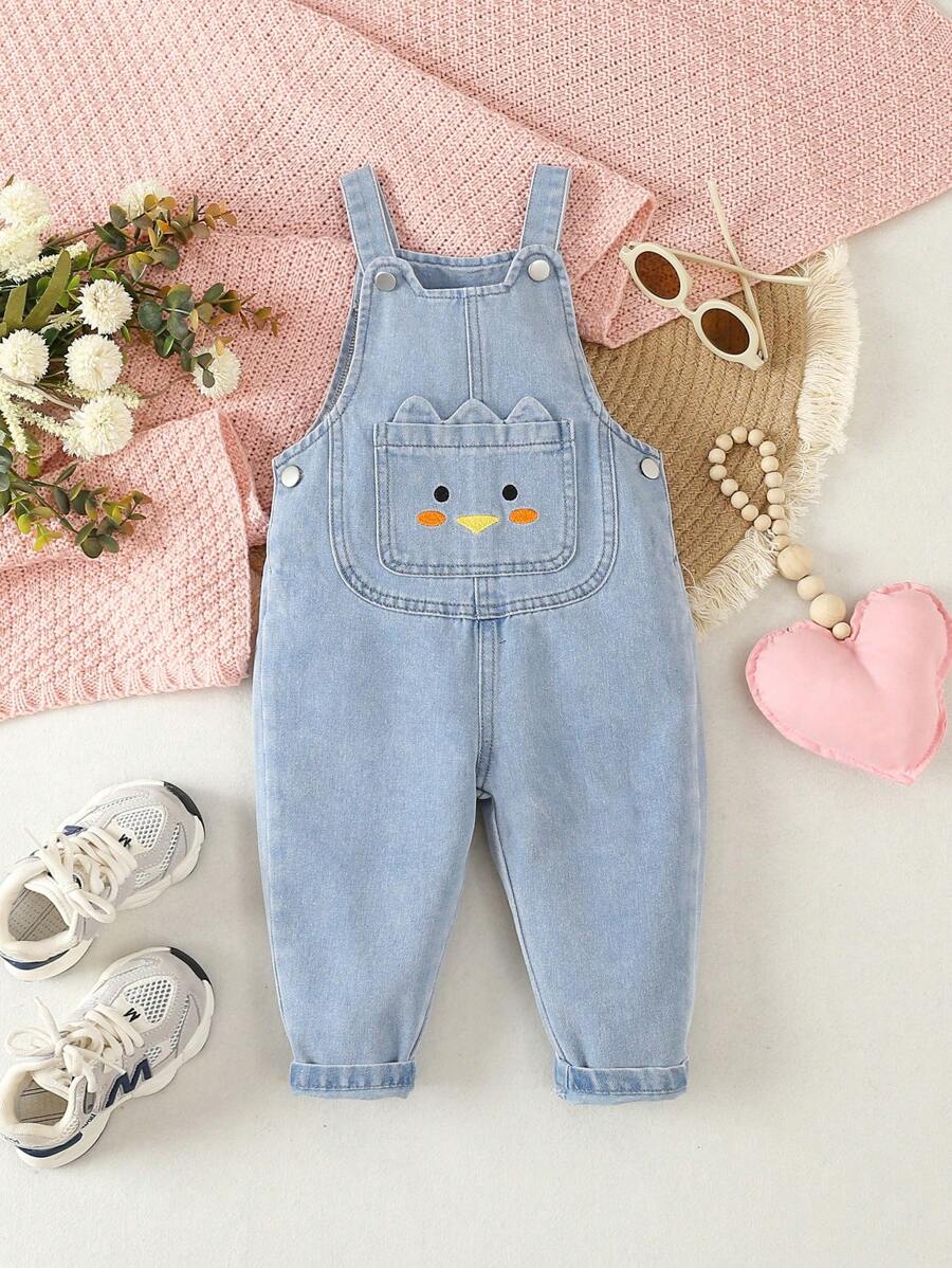 女嬰卡通圖案前口袋牛仔連體衣 - 淺色水洗藍 - 查看 1