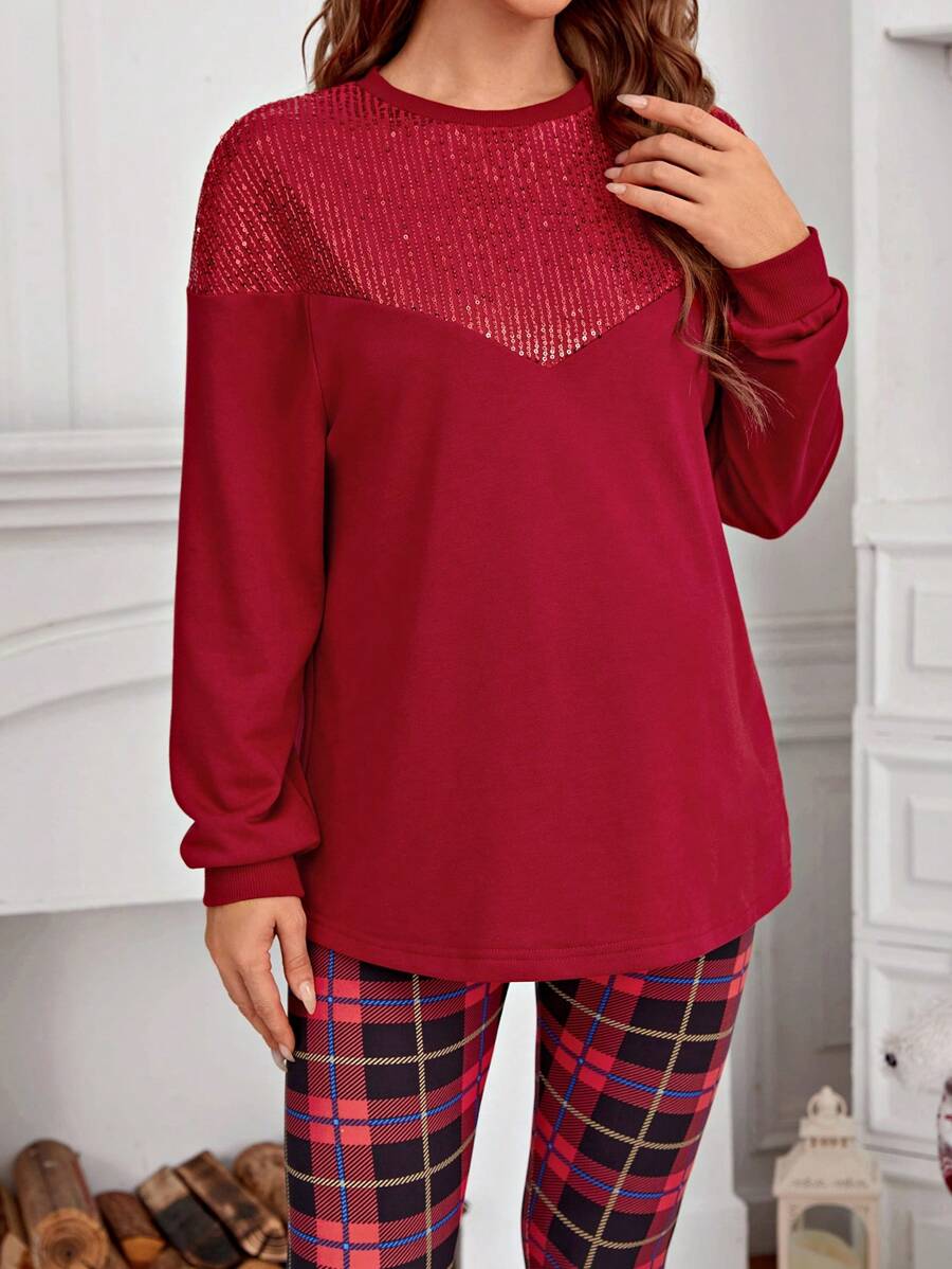 SHEIN Maternity Contrast Sequin Drop Shoulder Sweatshirt, For Winter - Burgundy - View 1