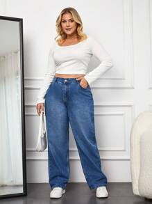 EURMUSE Jeans de cintura alta y pierna recta para tallas grandes - Azul - Ver 4