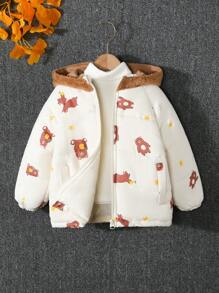Young Boy Bear Print Raglan Sleeve Hooded Padded Coat Without Sweater - Apricot - View 1