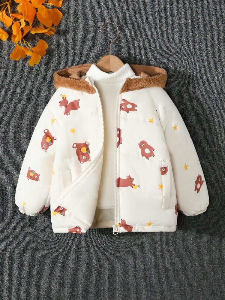 Young Boy Bear Print Raglan Sleeve Hooded Padded Coat Without Sweater