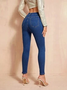 SHEIN BAE 下擺開叉緊身牛仔褲 - 深色水洗藍 - 查看 2