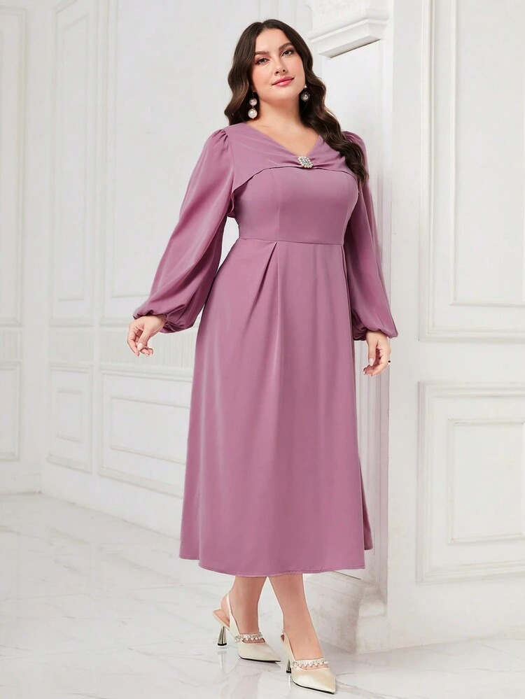 Plus Draped Collar Lantern Sleeve Dress Without Belt