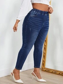 SHEIN EZwear Hơn Eo đàn hồi Quần jean ôm - Rửa trung bình - Xem 4