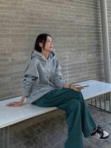 DAZY Chất rắn Thả vai Dây rút Hoodie - Xám - Xem 5