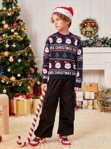 SHEIN Chicos 1 pieza Jersey con estampado de letra & Papá Noel de hombros caídos