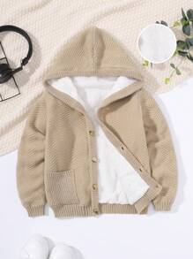 SHEIN Tween Boy Dual Pocket Hooded Teddy Lined Cardigan - Camel - View 1