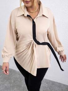 Calvaya Plus Contrast Tape Knot Front Drop Shoulder Shirt - Multicolor - View 4